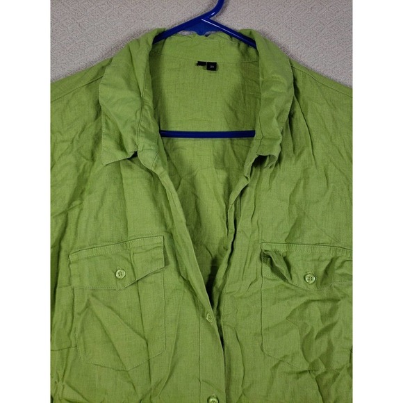 Linen Blend Shirt Womens 2X Green Roll Tab Sleeve Flap Pockets Button-Up - Picture 4 of 13